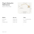 Spec sheet for the plug-in swing arm wall sconce: ash wood plate, brass arm, pleated fabric shade, plugs in, made to order