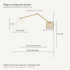 Dimensions diagram of the plug-in swing arm wall sconce: 24 cm shade, 37 cm tall, reaches 53 cm from the wall, 68 cm widest span