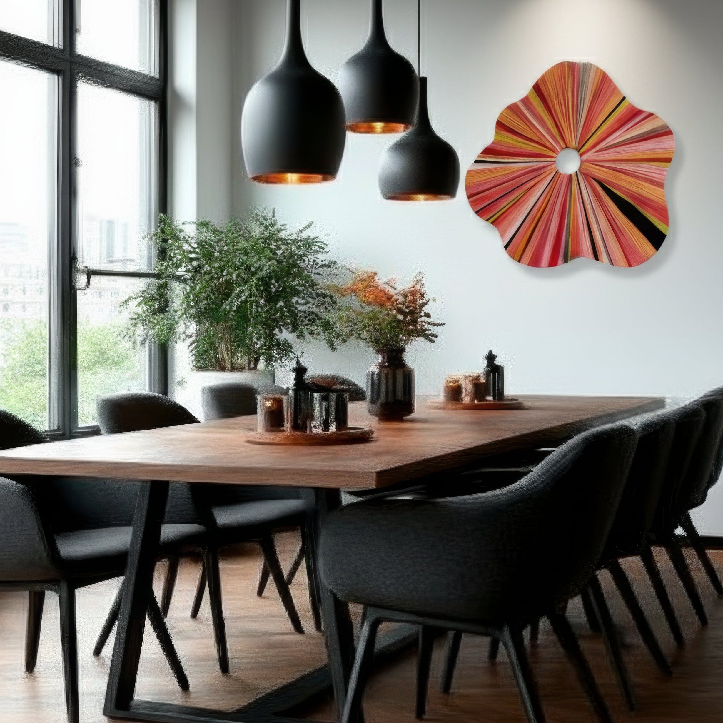 Modern dining room with wooden table, gray chairs, and colorful wall art.