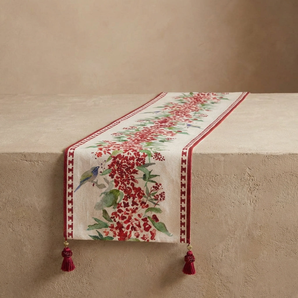 Decorative table runner with floral and bird pattern on a beige surface