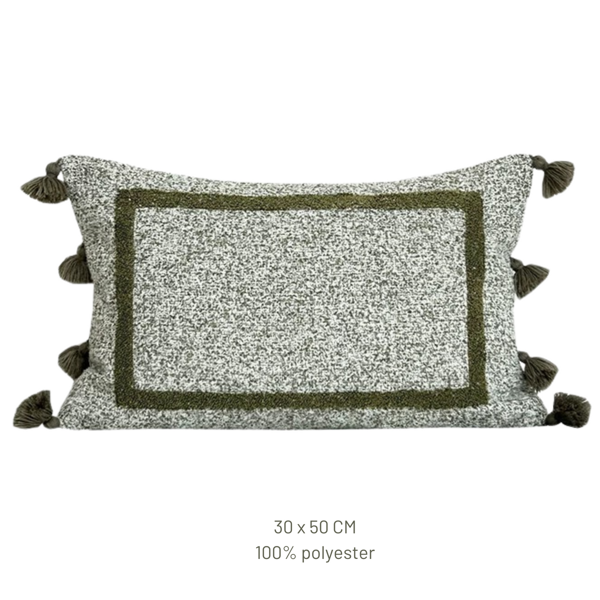 Decorative pillow with tassels on a white background, featuring the Beacon brand.