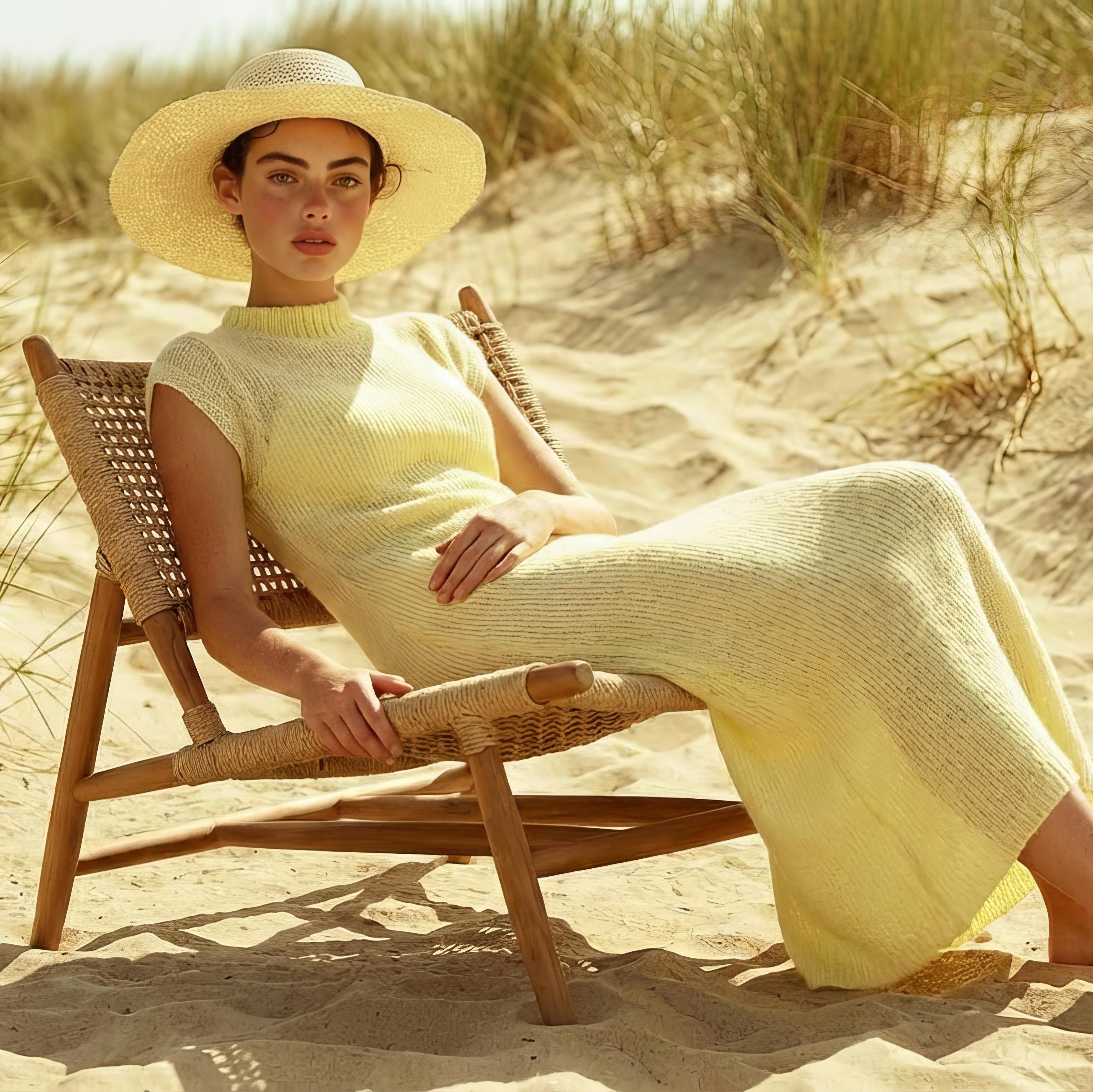Woman in a yellow dress and hat sitting on a wooden chair in sand dunes