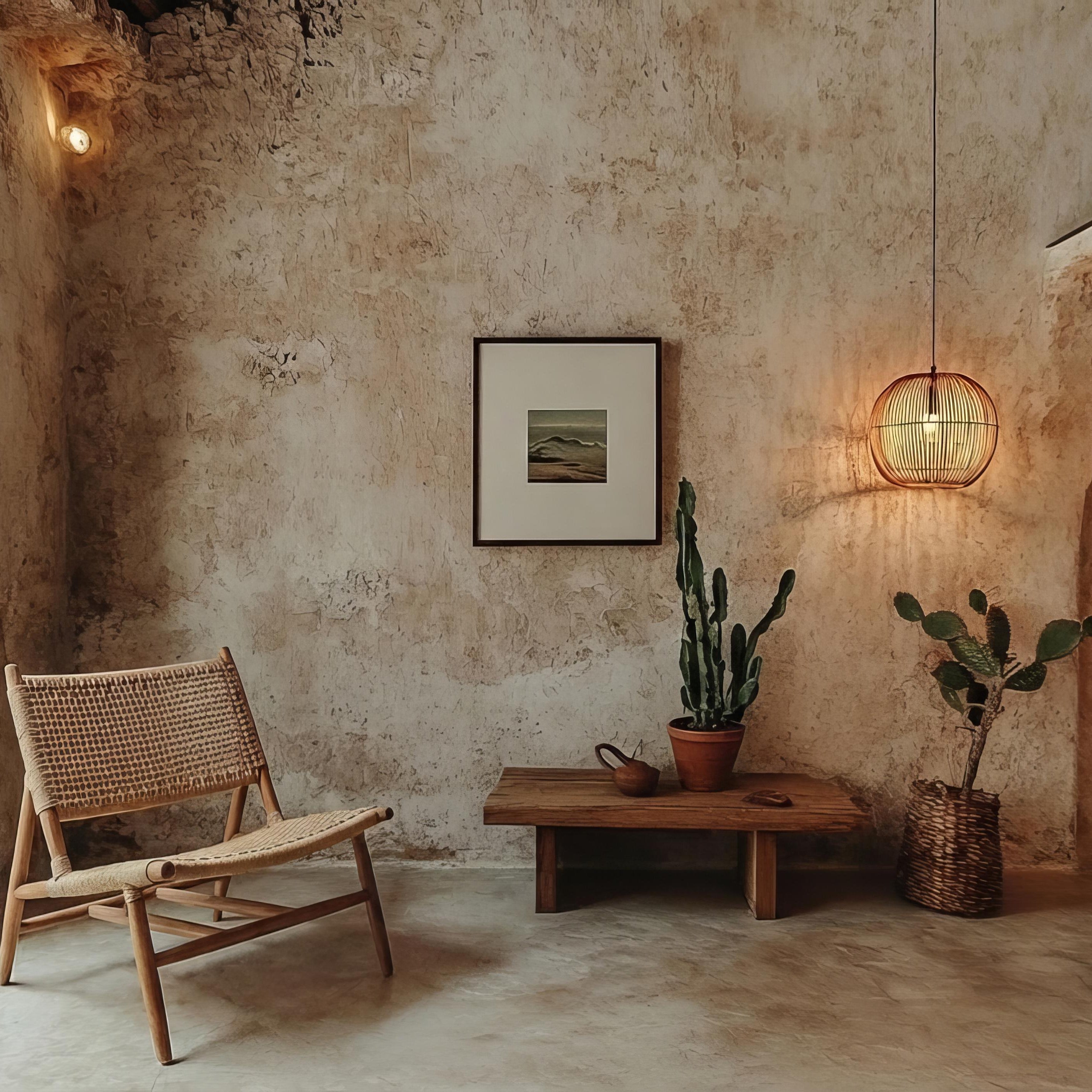 Rustic interior with wicker chair, wooden coffee table, and cacti against a textured wall.