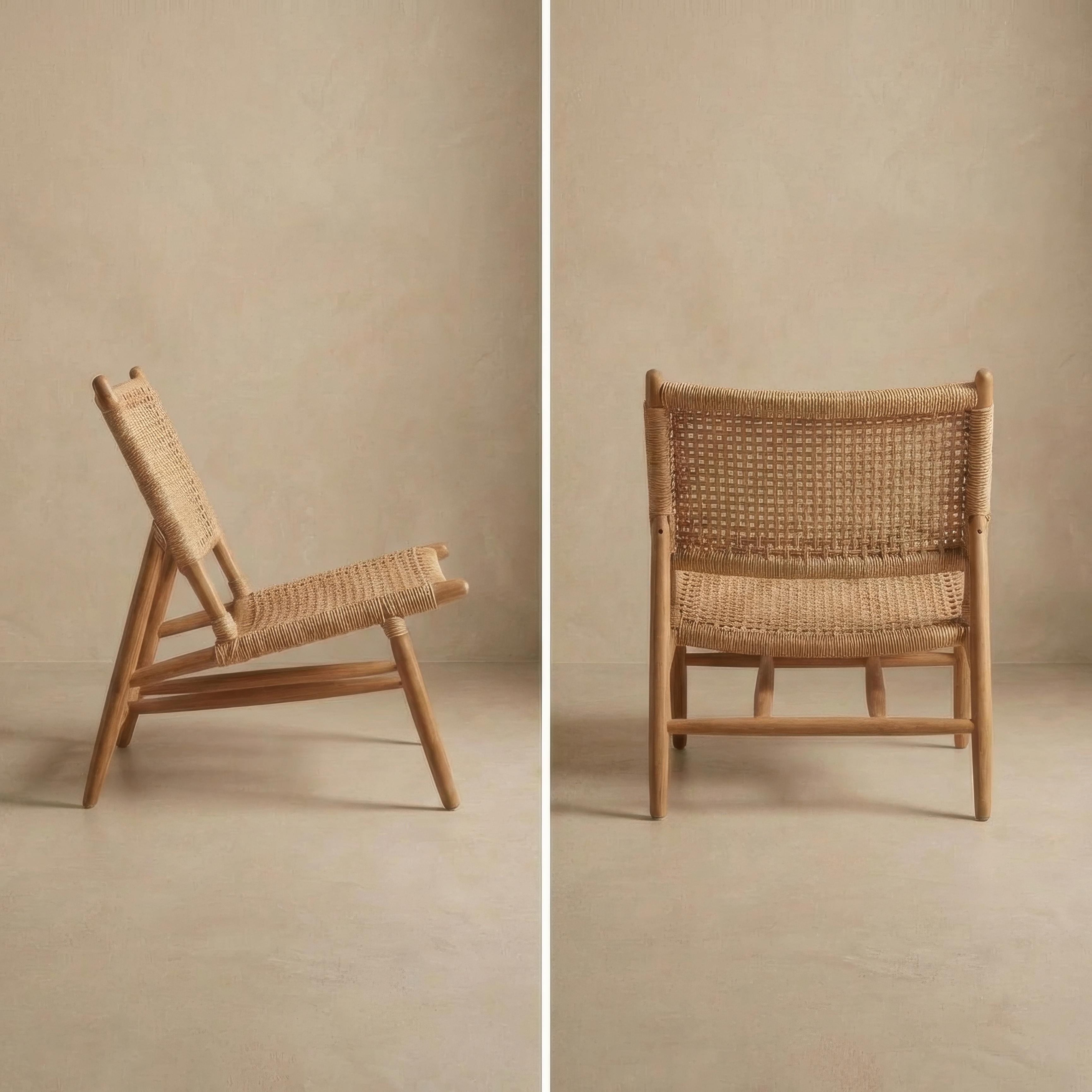 Two views of a wicker chair against a beige background