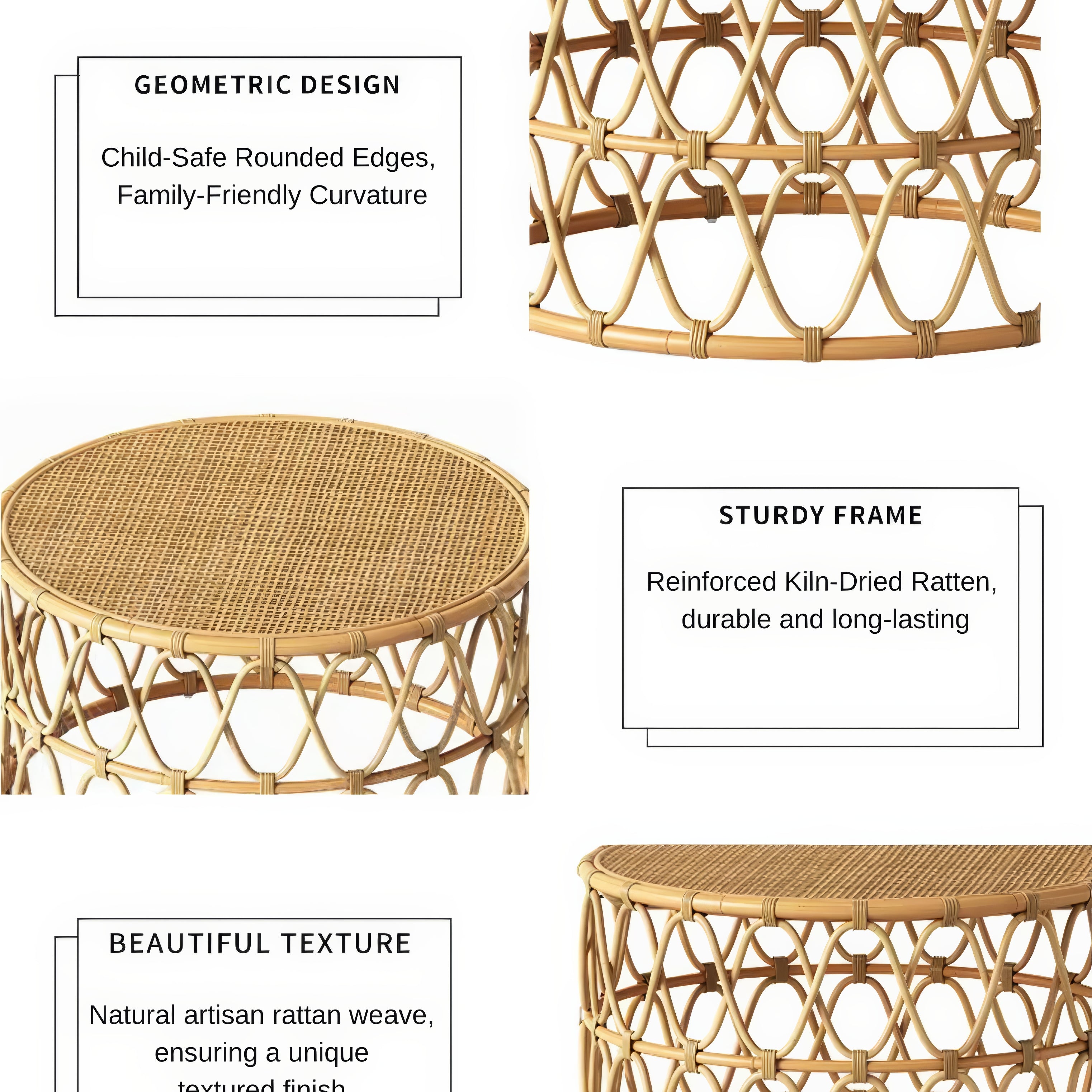 Wicker coffee table with geometric design, child-safe rounded edges, and durable frame.