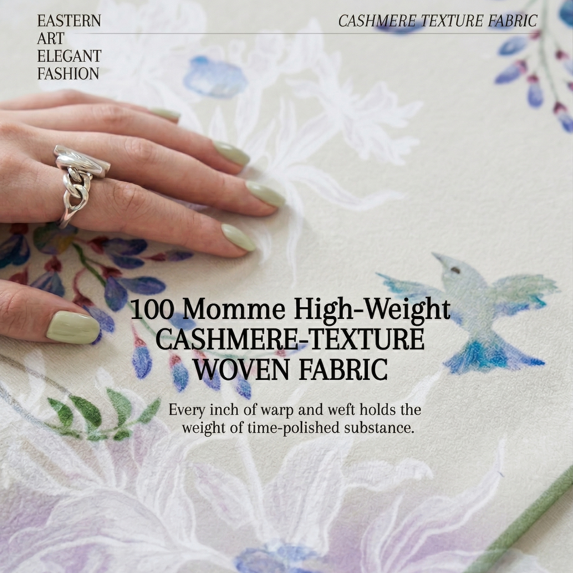 Cashmere-texture woven fabric with floral patterns and a hand holding a fabric swatch.