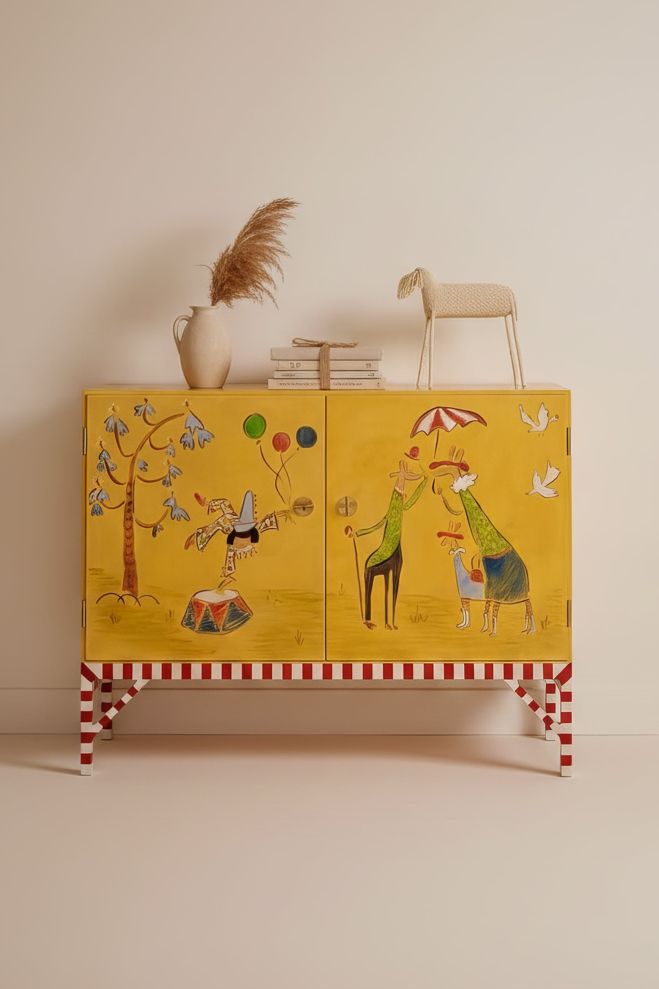 Yellow cabinet with cartoon designs on a beige wall