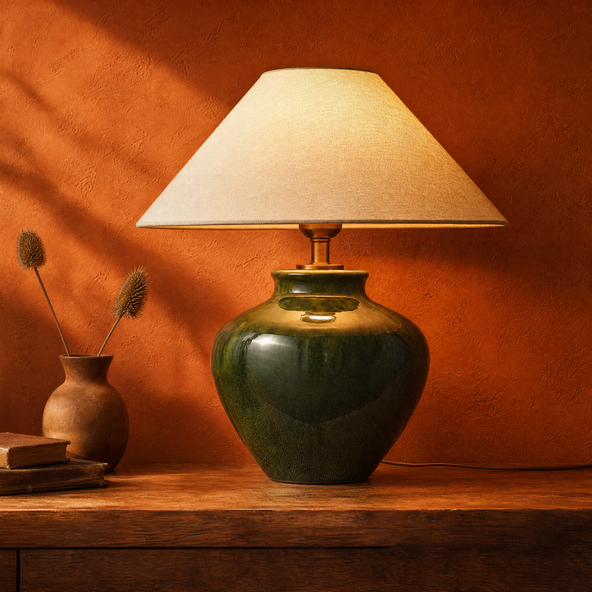 Deep green ceramic jar lamp base and cream linen shade against a terracotta plaster wall, power cord visible.