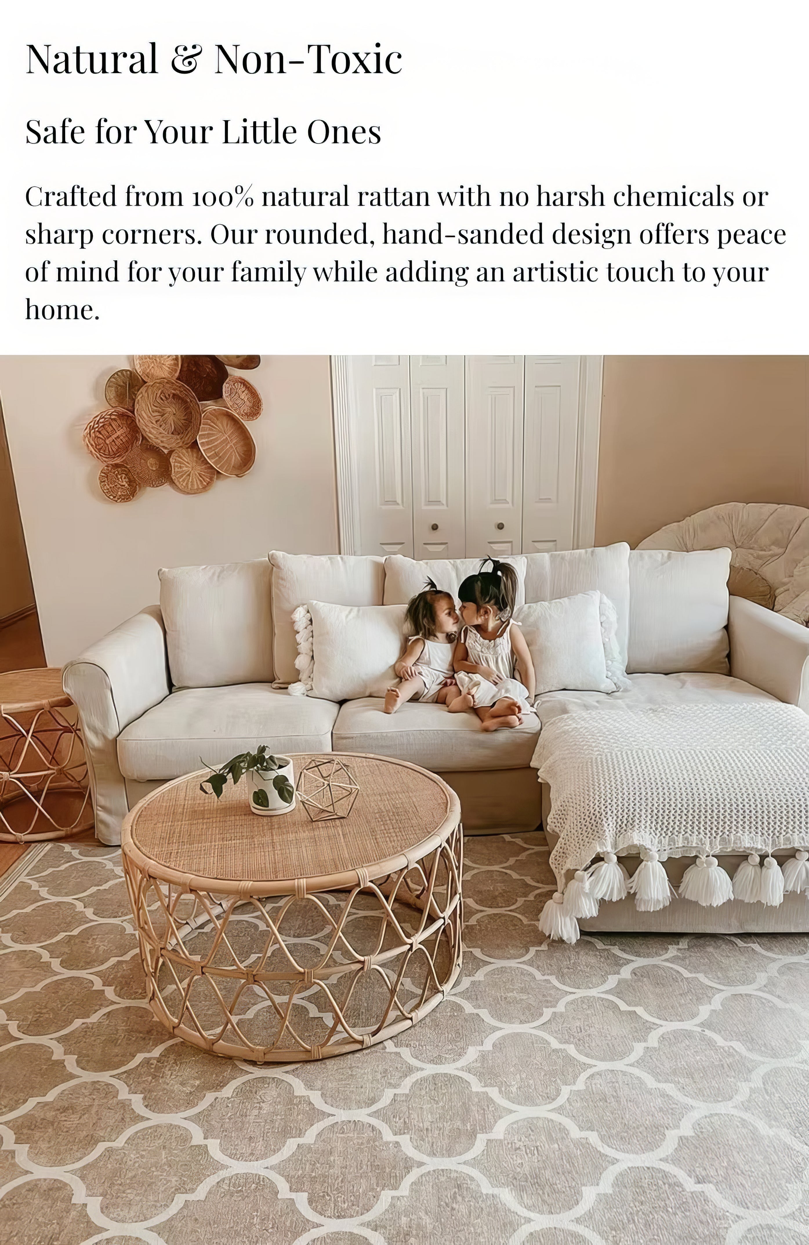 Children sitting on a white sofa with a wicker coffee table in a living room setting, featuring text about natural and non-toxic products.