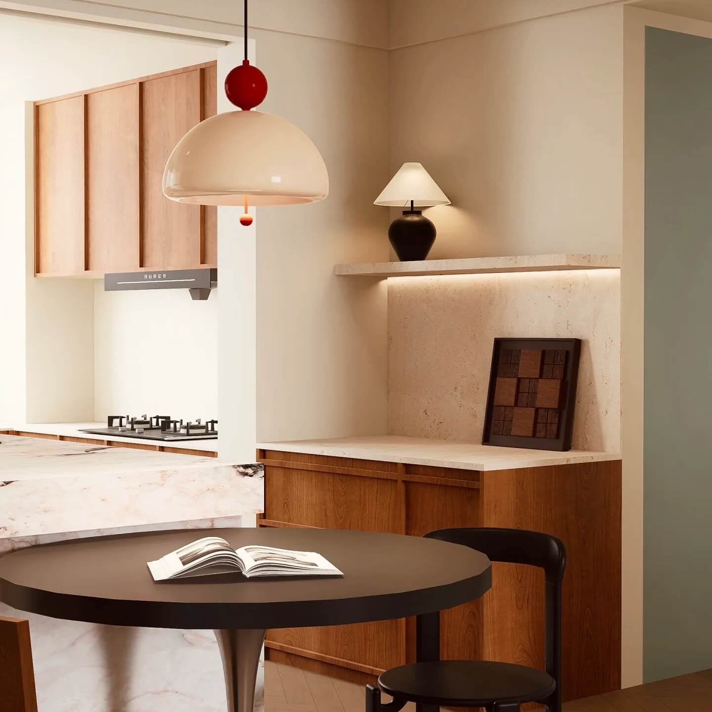 Modern kitchen with wooden cabinets, a round table, a table lamp, and chairs.