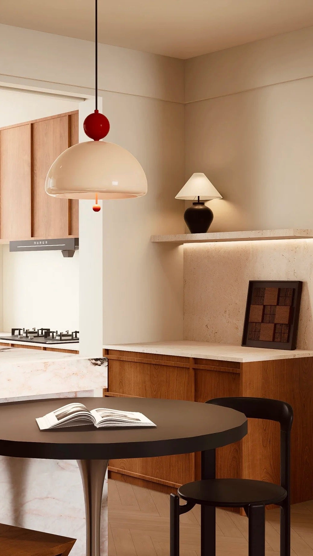 Modern kitchen with wooden cabinets, a round table, a wooden table lamp, and chairs.
