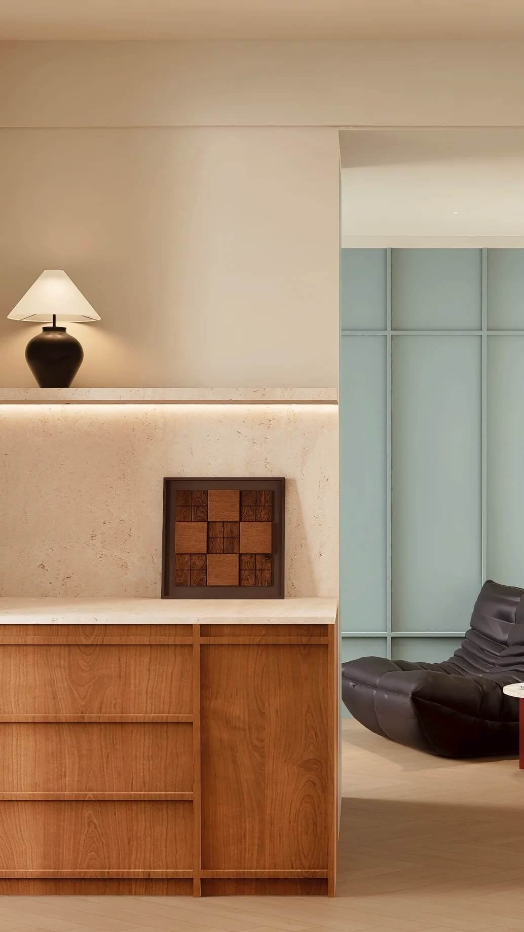 Modern interior design with wooden furniture, lamp, and chair.