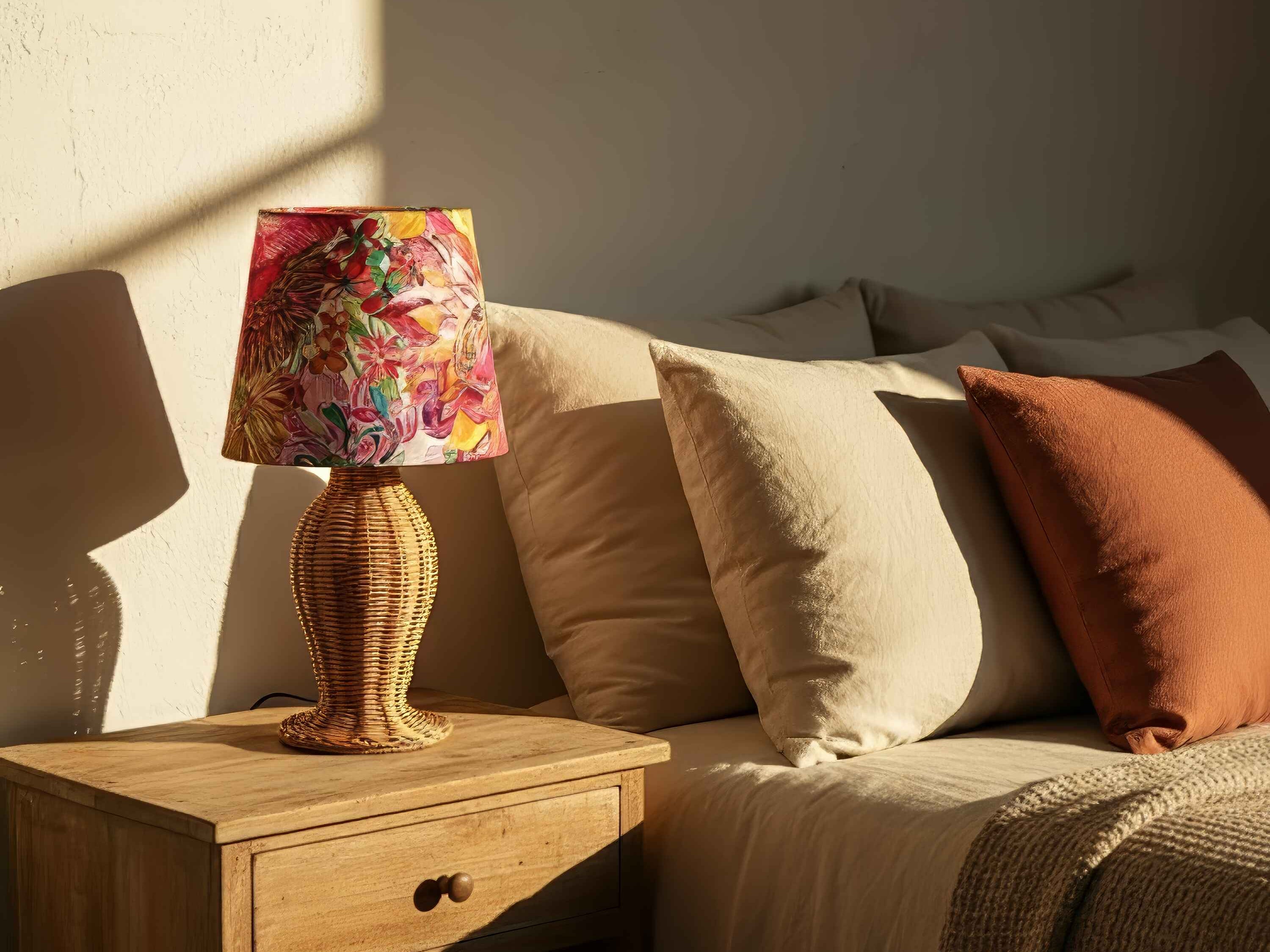 Handwoven rattan lamp with floral fabric shade placed beside bed, styled in a cozy daylight bedroom setting for a natural and elegant look.