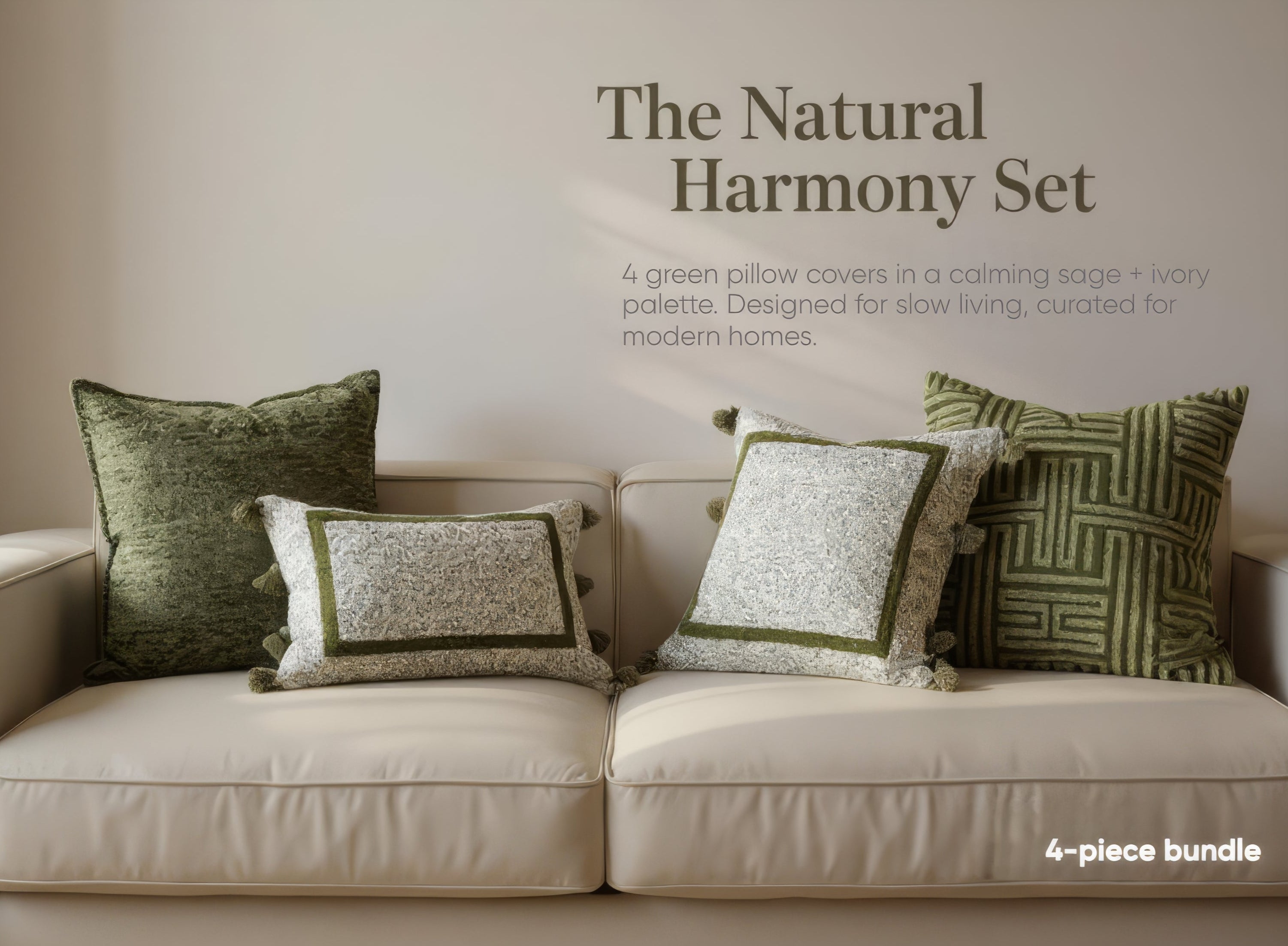 Green pillow covers on a beige sofa with text about 'The Natural Harmony Set'.