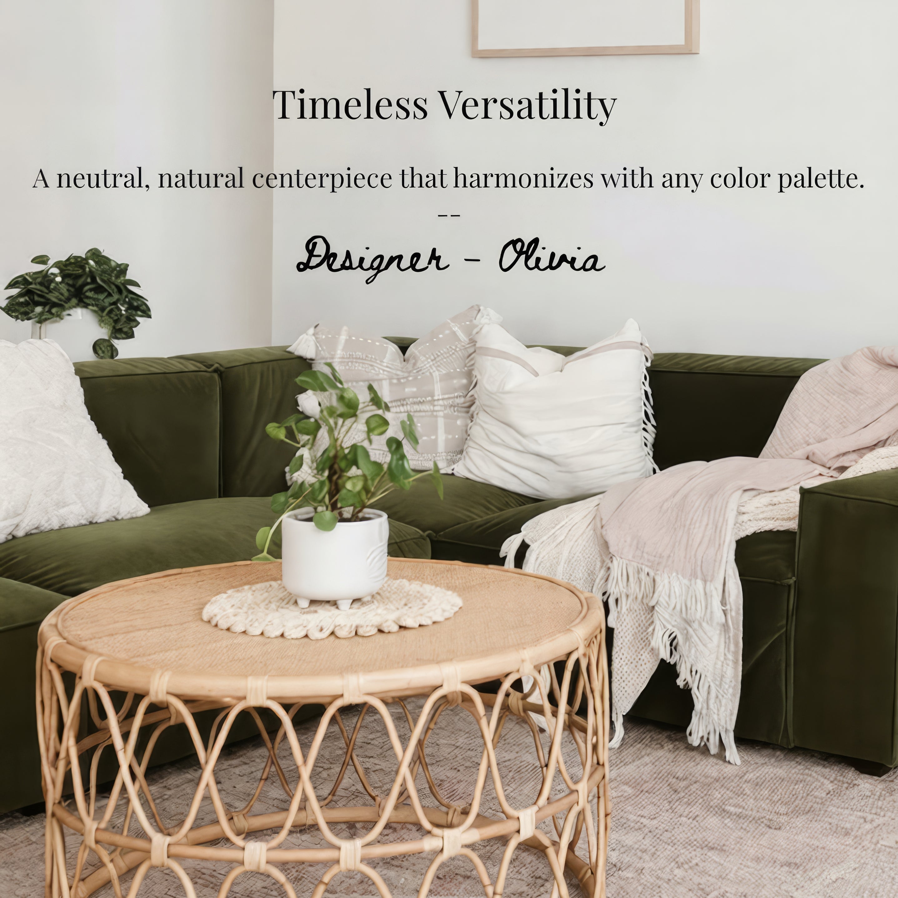 Living room with a green sofa, wooden coffee table, and decorative elements.