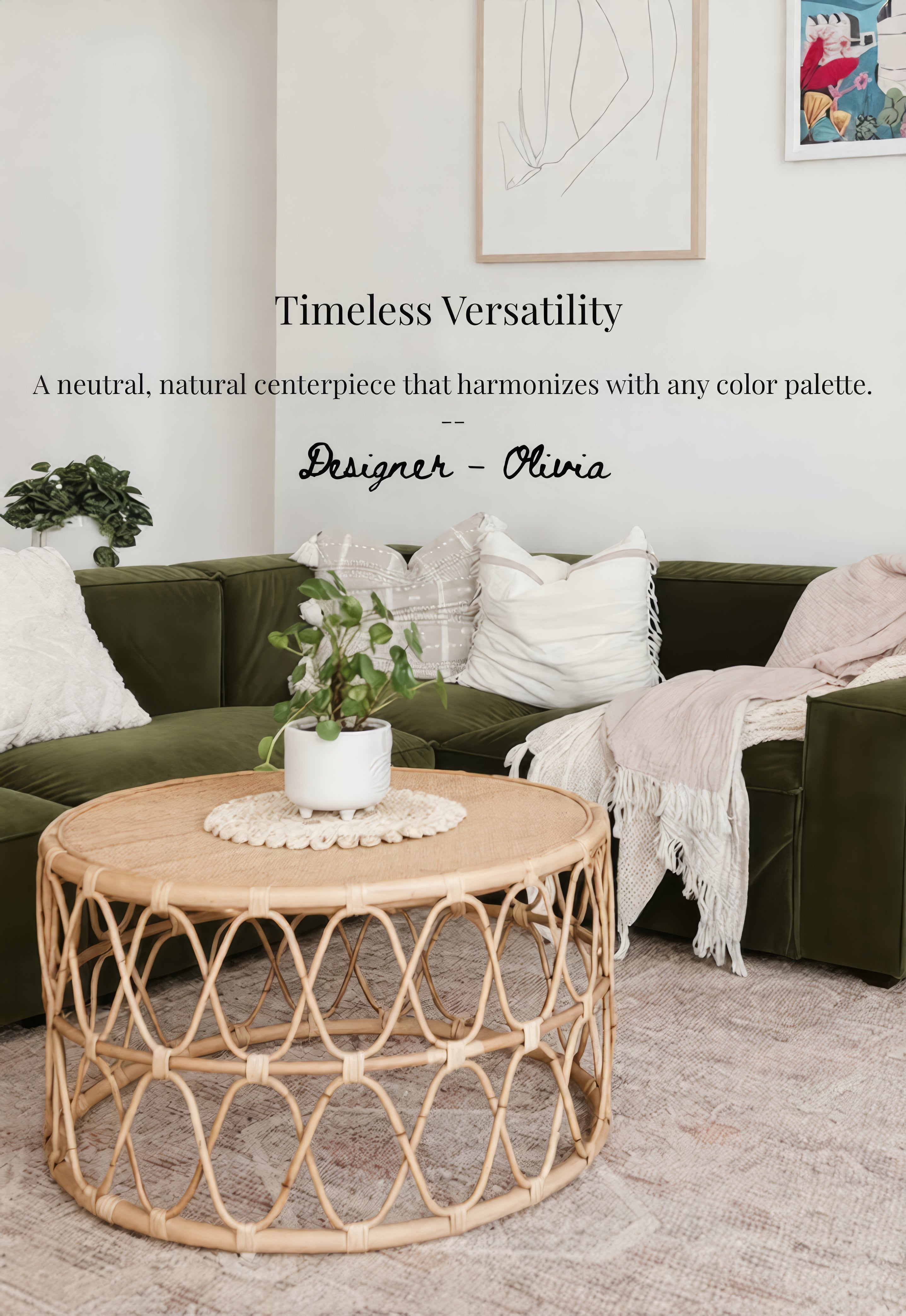 Living room with a green sofa, wooden coffee table, and decorative elements.