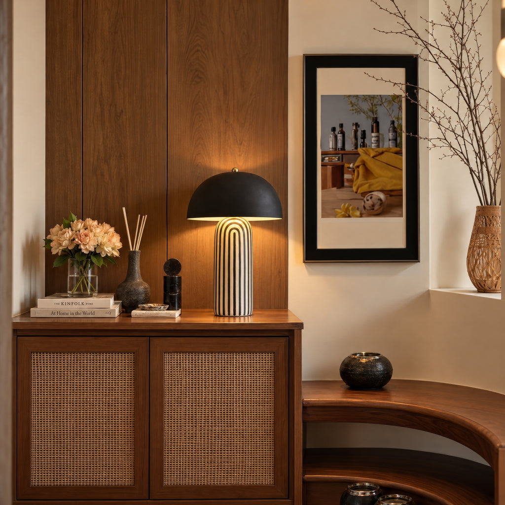 Mid-Century Modern Dome Table Lamp – Matte Black & Striped Ceramic