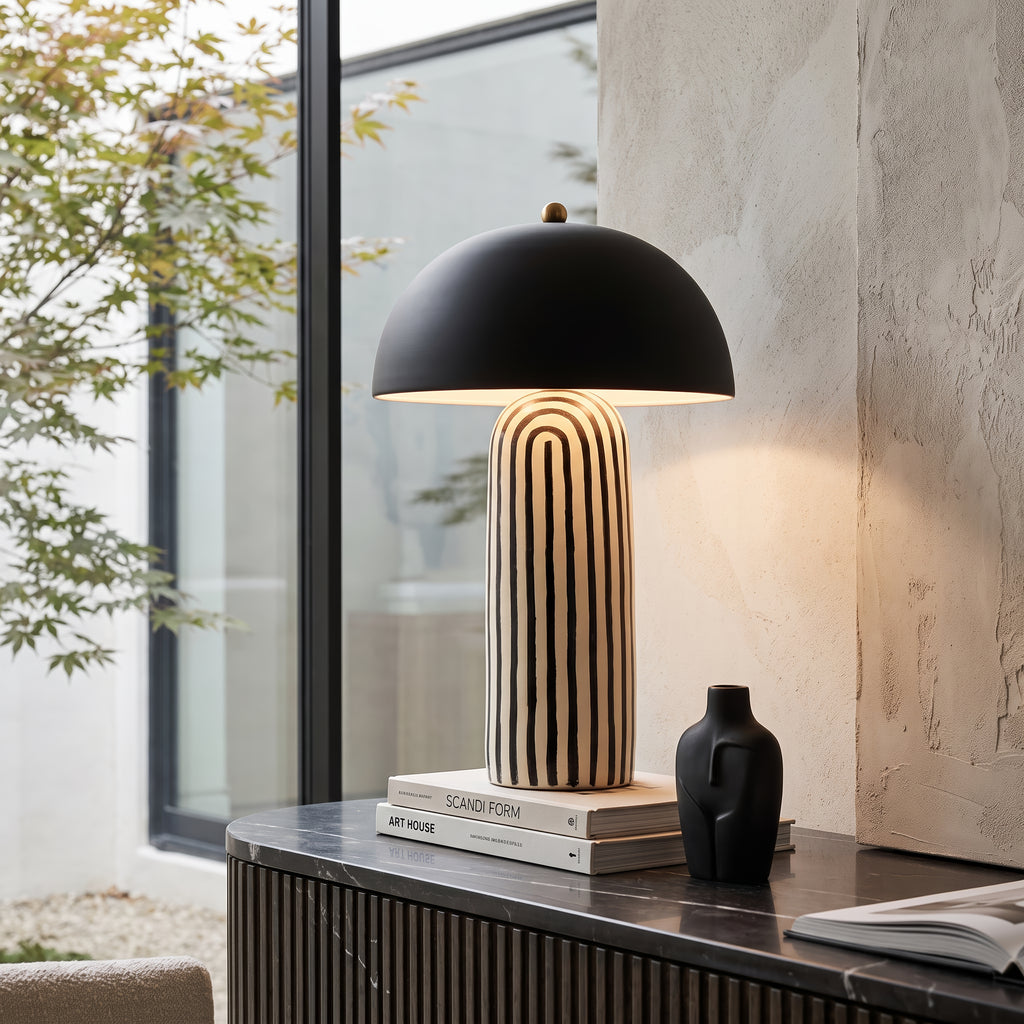 Mid-Century Modern Dome Table Lamp – Matte Black & Striped Ceramic