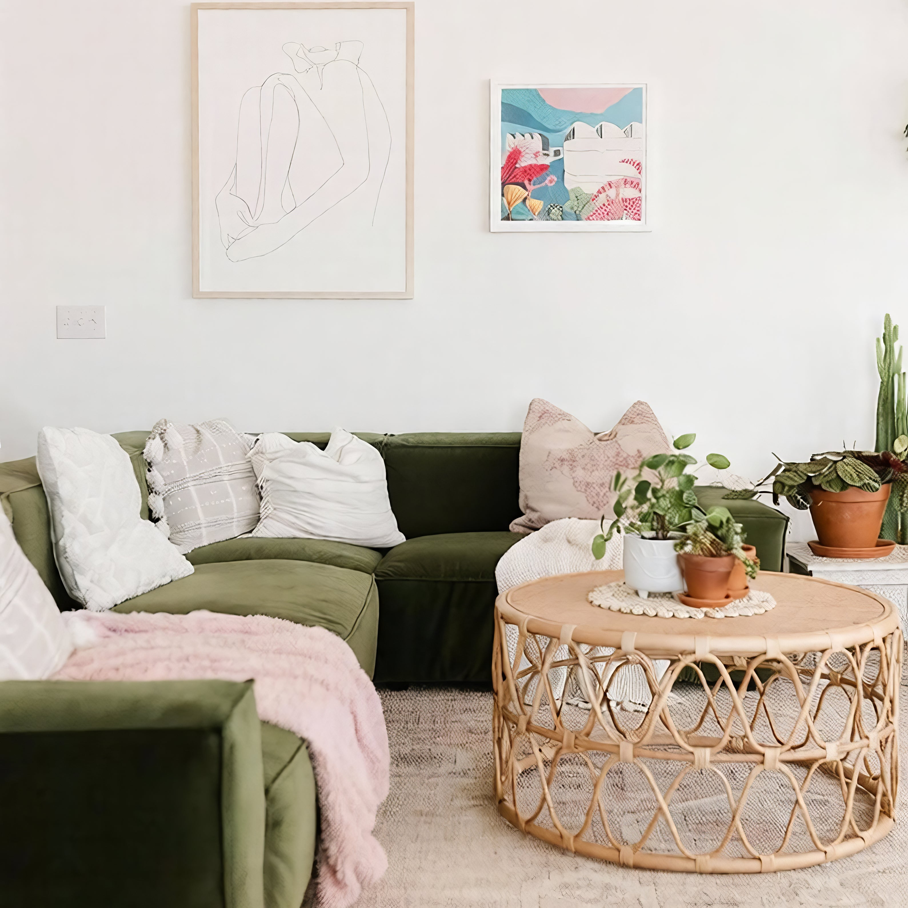 Living room with green sectional sofa, wooden coffee table, and decorative plants.