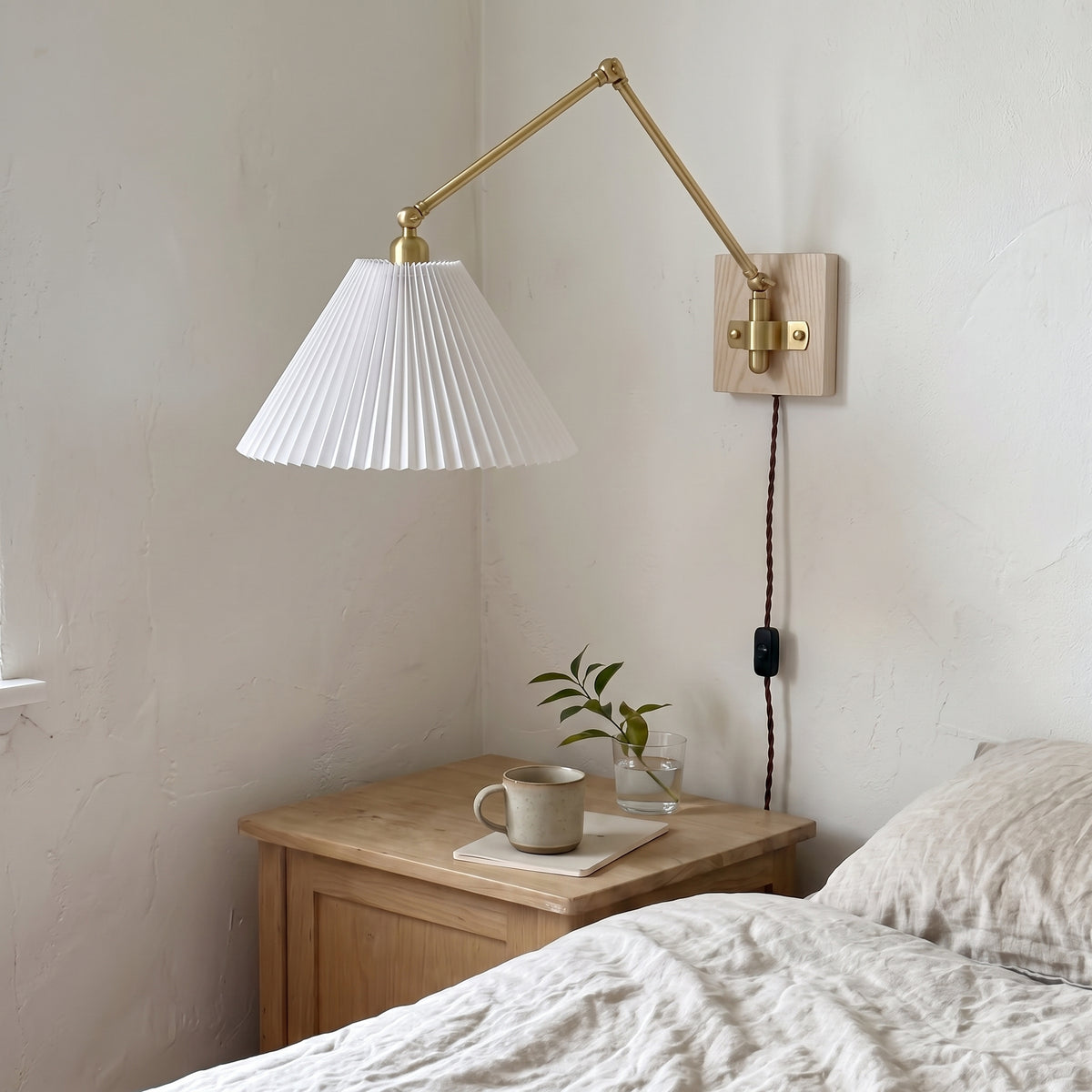 Plug-In Swing Arm Wall Sconce, Pleated Shade, Ash Wood Plate, Brass Arm