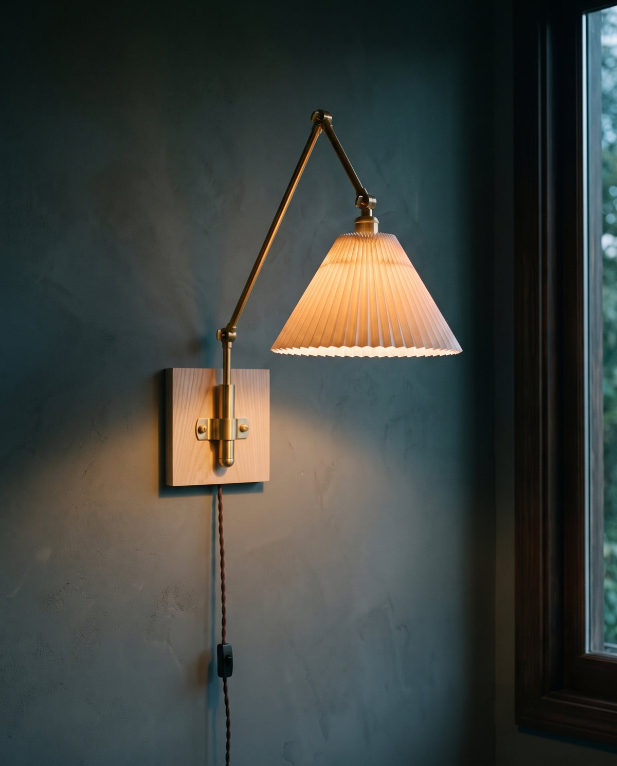 Plug-In Swing Arm Wall Sconce, Pleated Shade, Ash Wood Plate, Brass Arm