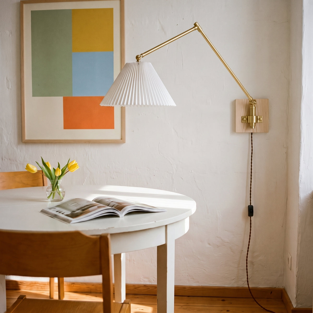 Plug-In Swing Arm Wall Sconce, Pleated Shade, Ash Wood Plate, Brass Arm