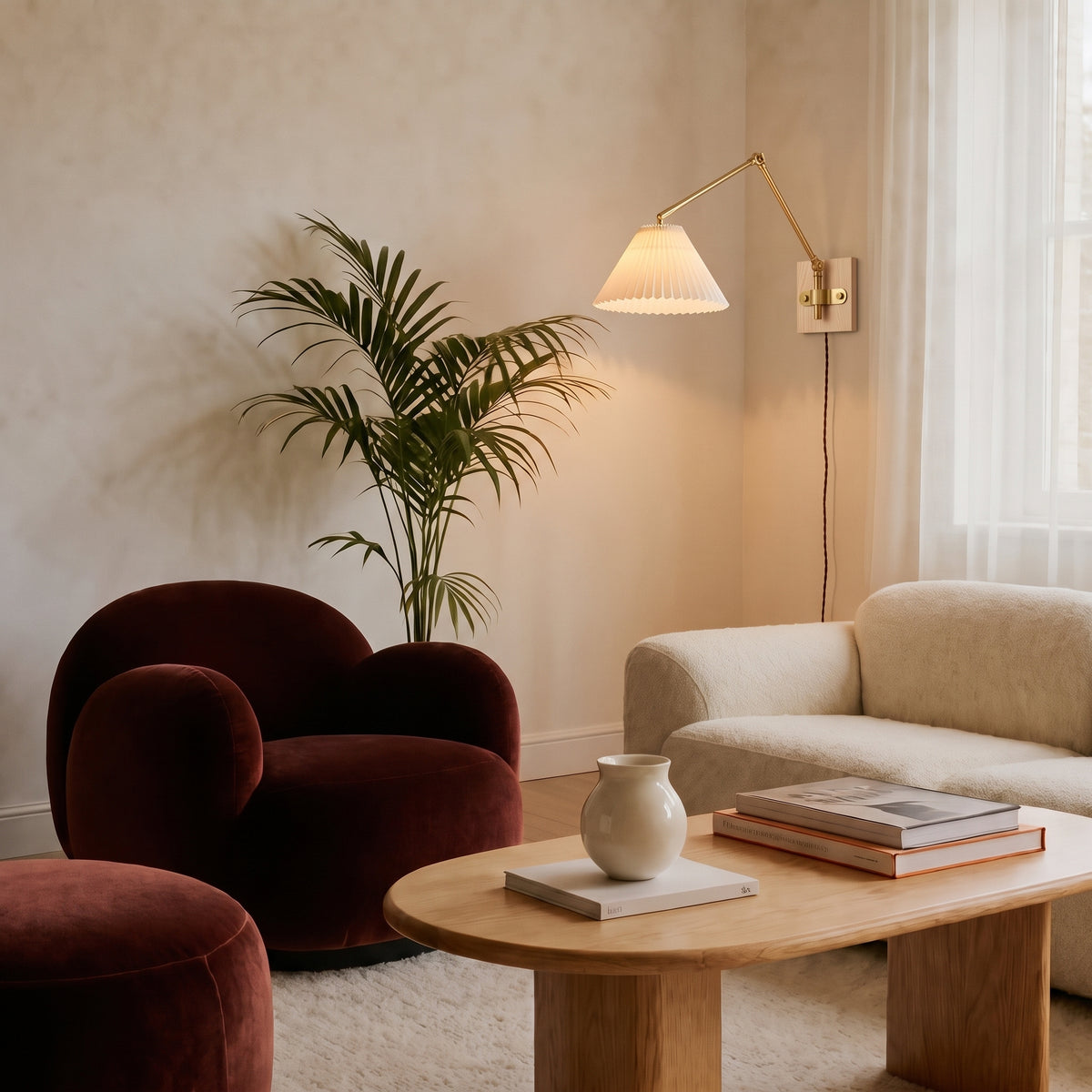 Plug-in swing arm wall sconce with a pleated shade beside a window in a living room with a velvet armchair and cream sofa