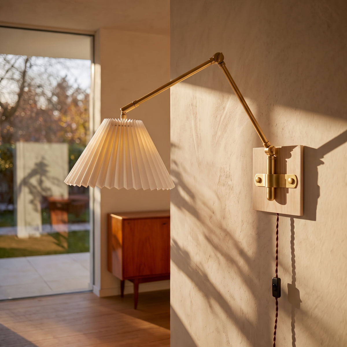 Brass swing arm wall sconce with a pleated shade reaching into a sunlit room beside a window, with a fabric cord and inline switch