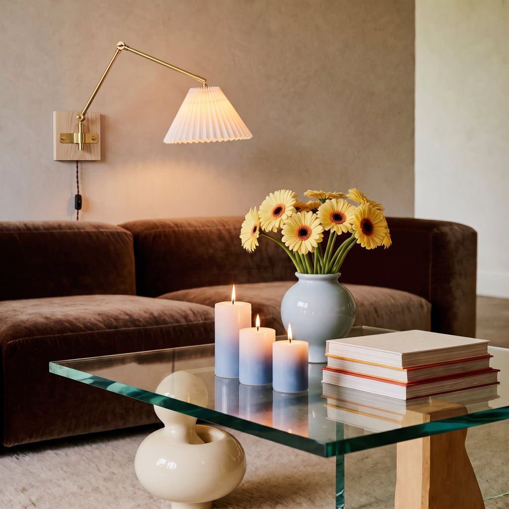 Plug-in swing arm wall sconce with a pleated shade above a brown sofa and a glass coffee table with yellow gerberas and candles