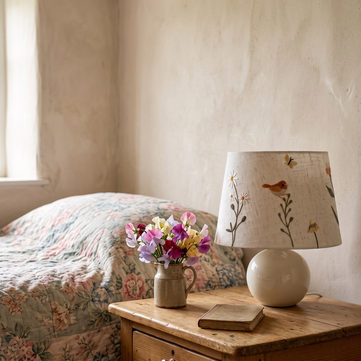Bird and daisy embroidered table lamp on a pine bedside table beside a jug of sweet peas and a floral quilt