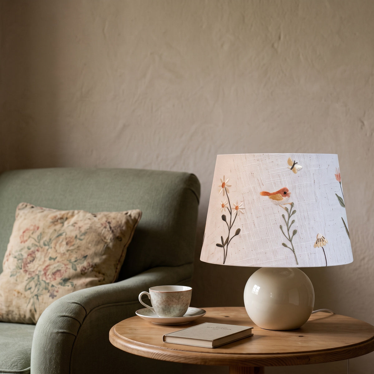 Bird and daisy embroidered table lamp on a round wooden side table beside a sage armchair and a teacup