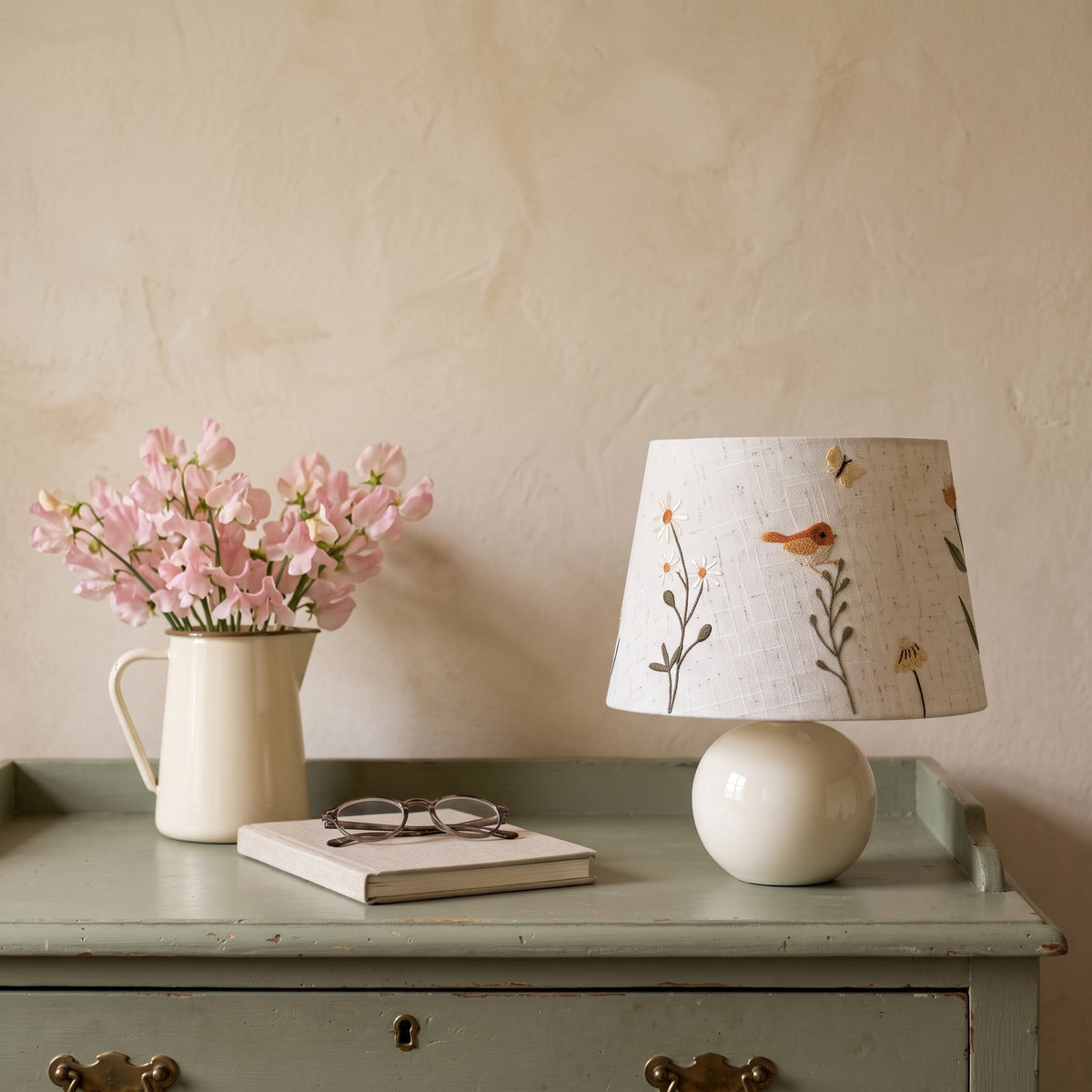 Bird and daisy embroidered table lamp on a sage painted bureau beside a cream jug of pink sweet peas