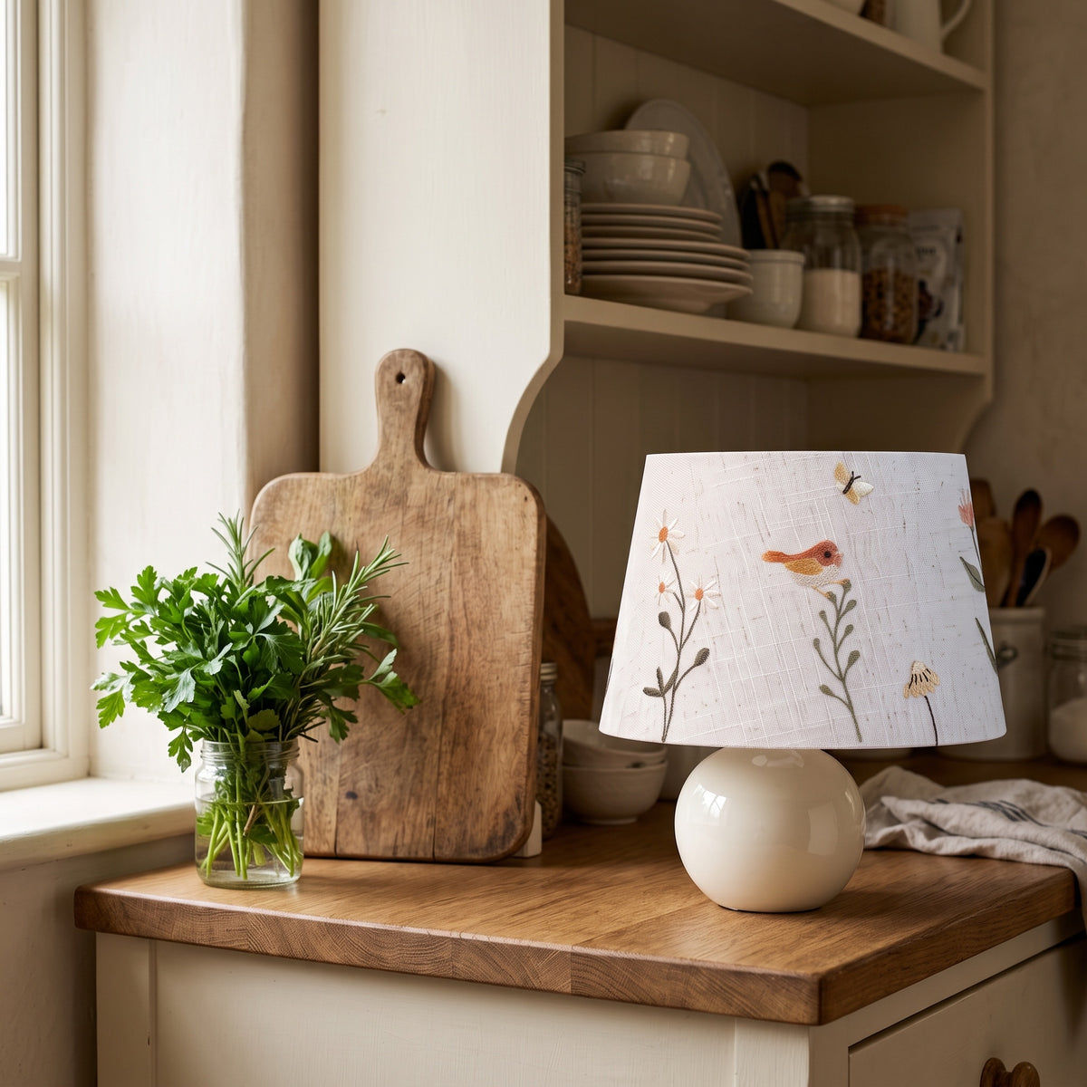 Bird and daisy embroidered table lamp on a country kitchen dresser beside fresh herbs and a wooden board