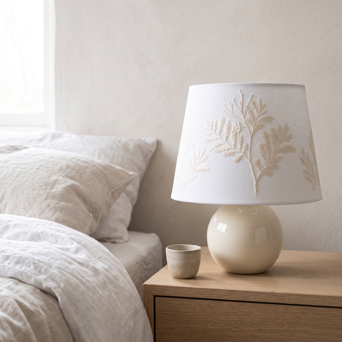 Fern-embroidered table lamp on a light oak nightstand beside a white linen bed and a small cup