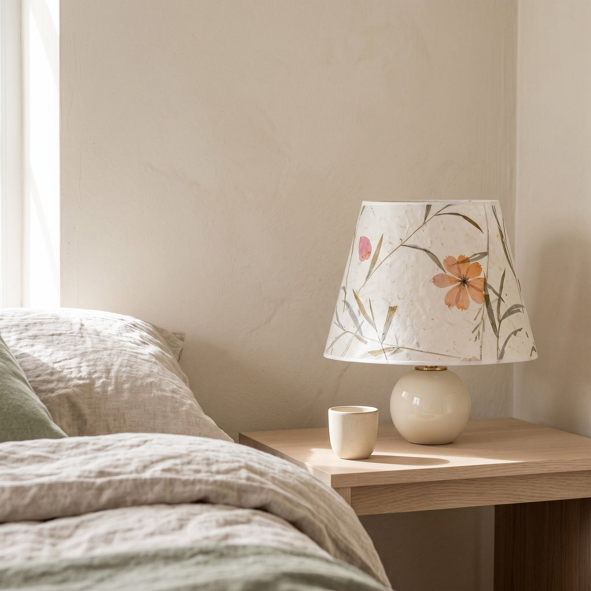 Pressed flower paper lamp on a pale oak bedside table in morning light beside a small cream cup