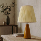 Amber glazed ceramic table lamp with a cream pleated shade on a wooden console table beside two books and a vase of branches