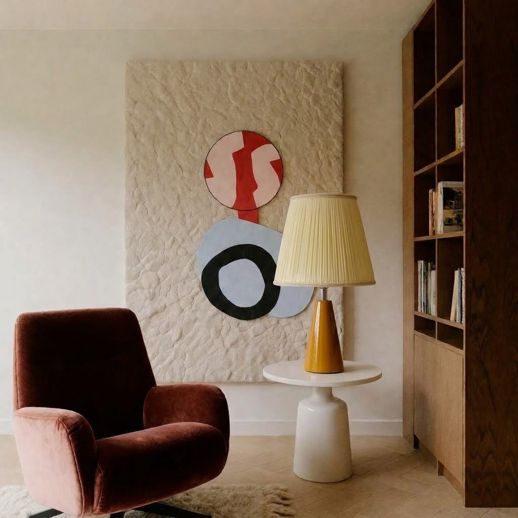 Amber glazed ceramic table lamp with a cream pleated shade on a white pedestal side table beside a rust velvet armchair, a bookshelf and a textured wall panel