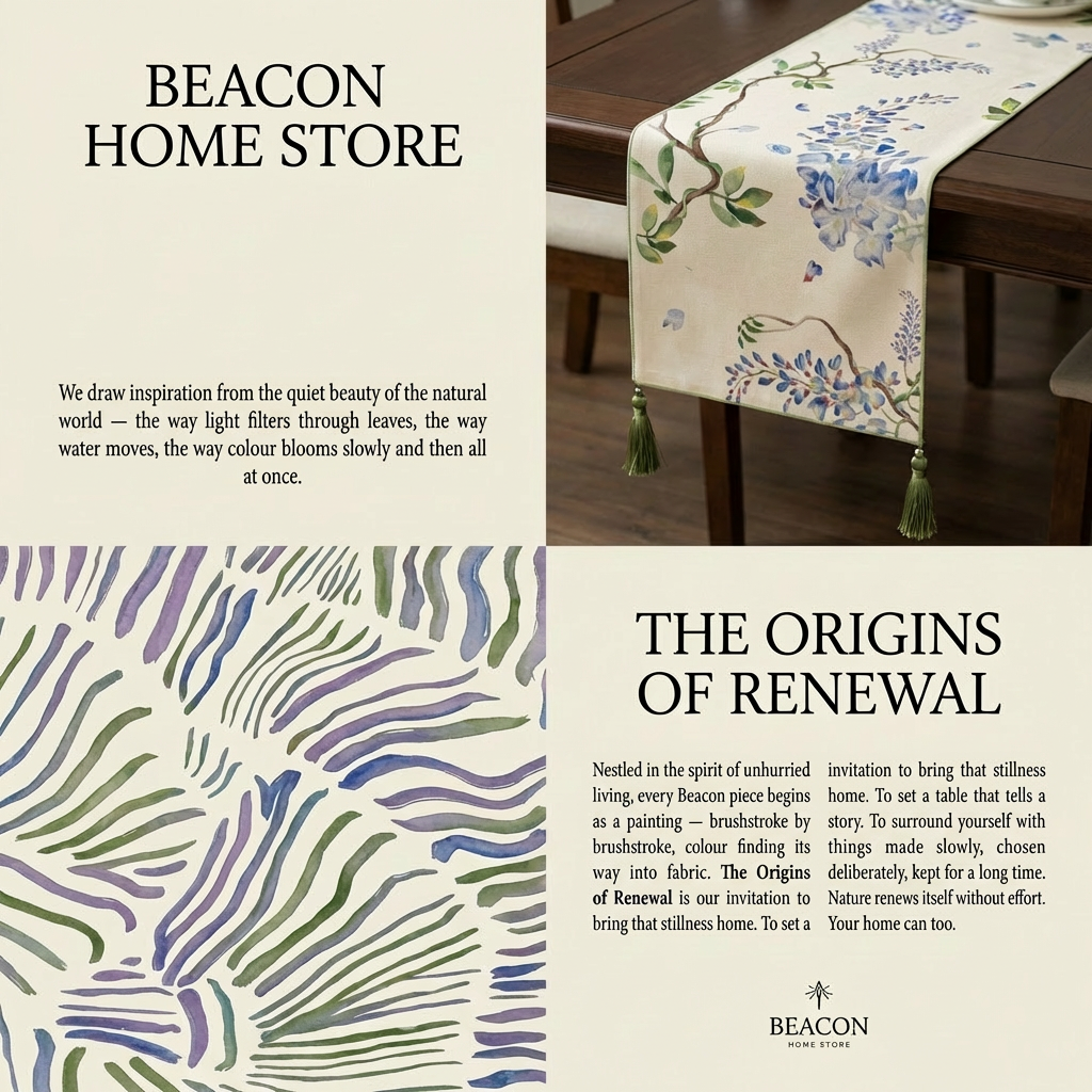 Table runner with floral design on a table, featuring Beacon Home Store branding and text about 'The Origins of Renewal'.
