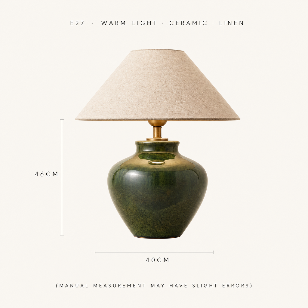 Dimension diagram of the green ceramic table lamp: 46 cm tall, 40 cm across the linen shade, E27 socket, warm light.