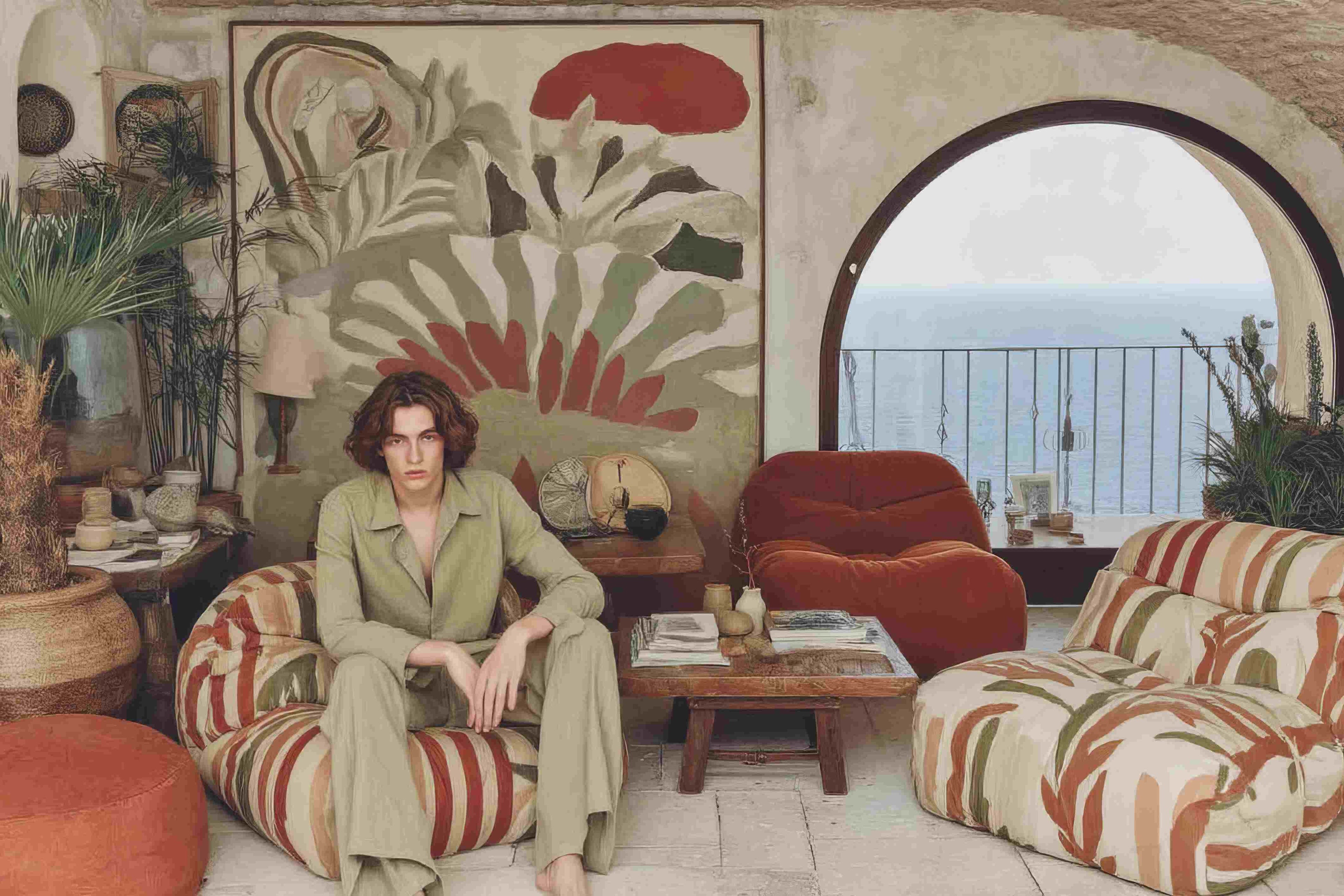 Person sitting on a colorful chair in a stylish living room with a large abstract painting.