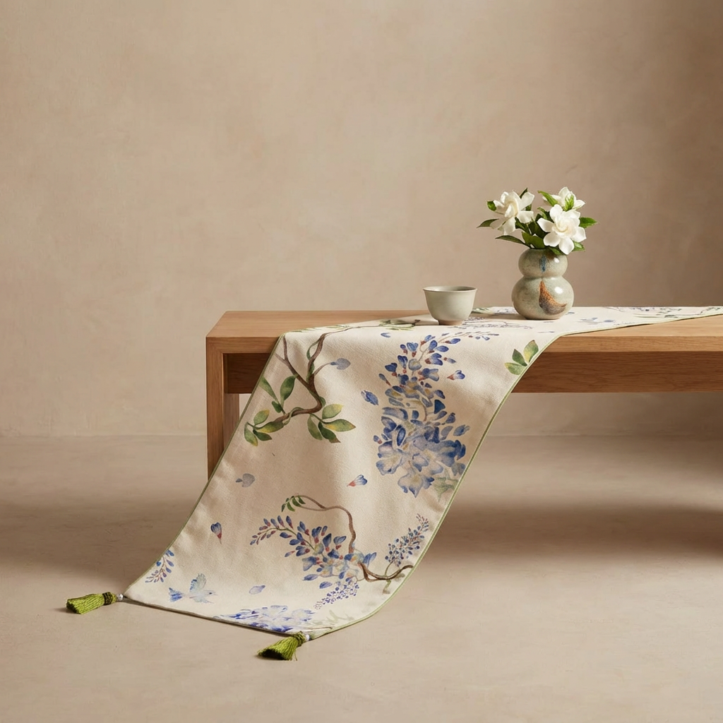 Floral tablecloth draped over a wooden bench with a vase of flowers on a beige background
