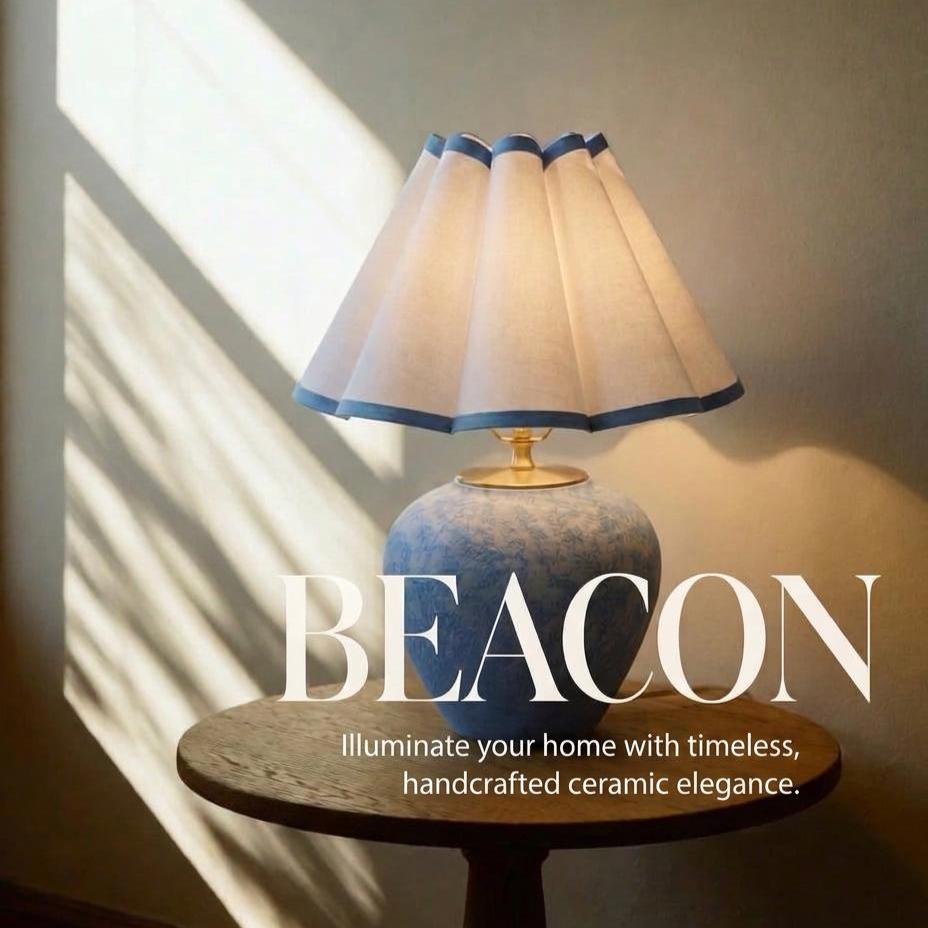 Original Design Blue Ceramic Table Lamp with scalloped pleated shade, photo 10