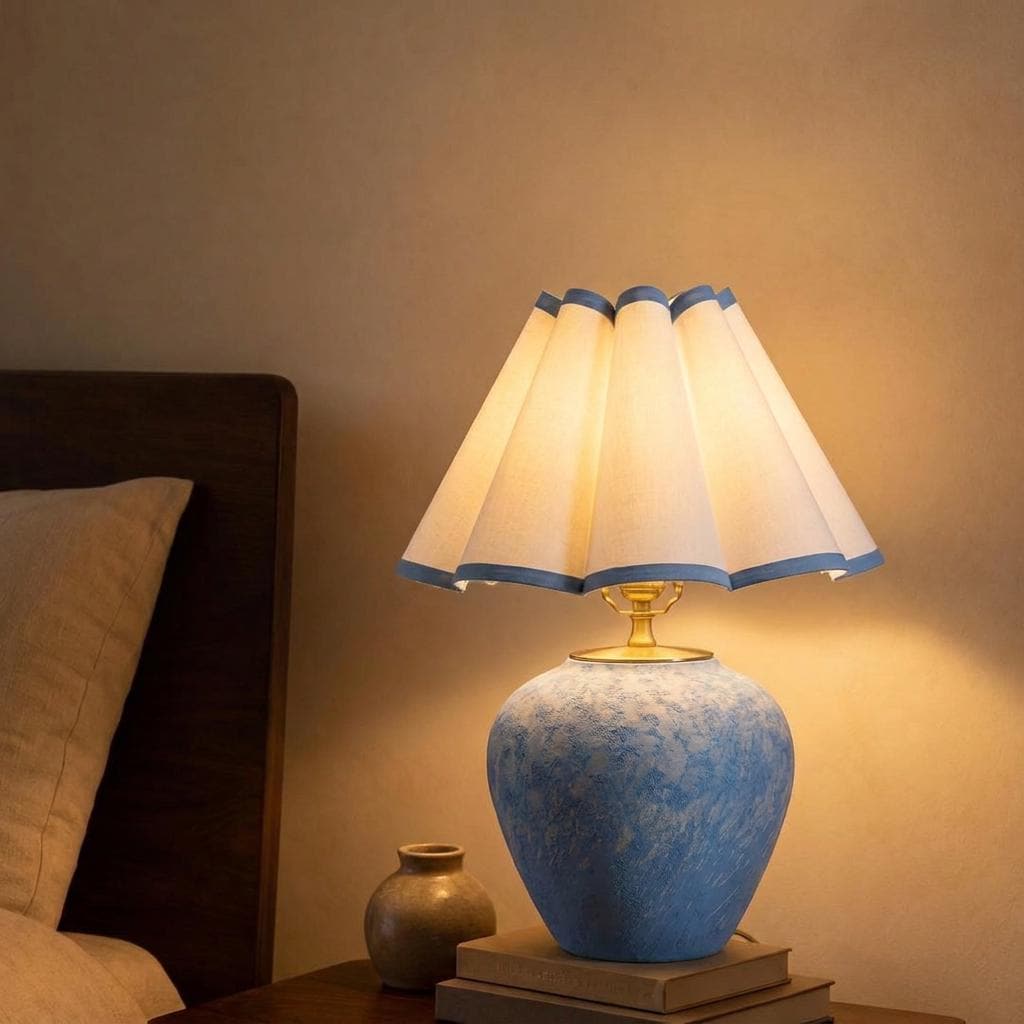 Original Design Blue Ceramic Table Lamp with scalloped pleated shade, photo 2