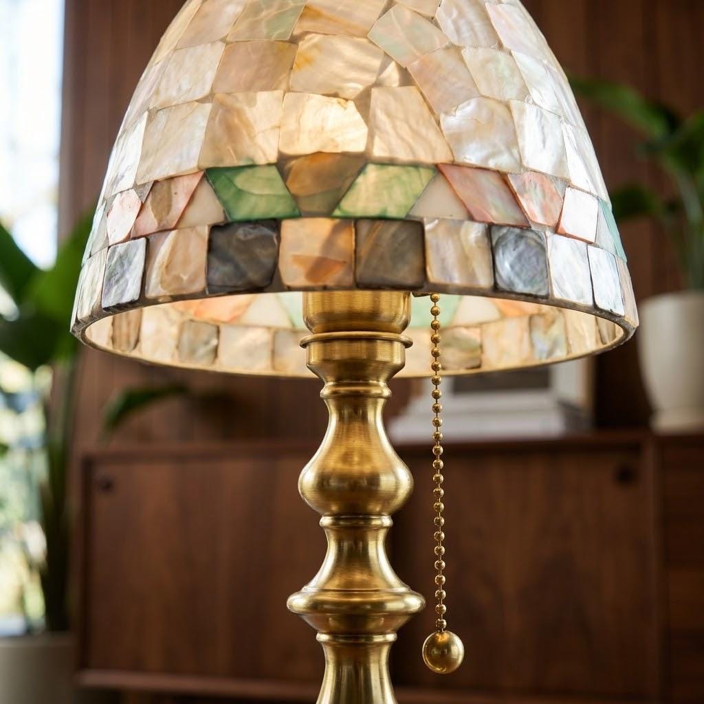 Small Shell Mosaic Table Lamp, bronze-gold base, photo 10