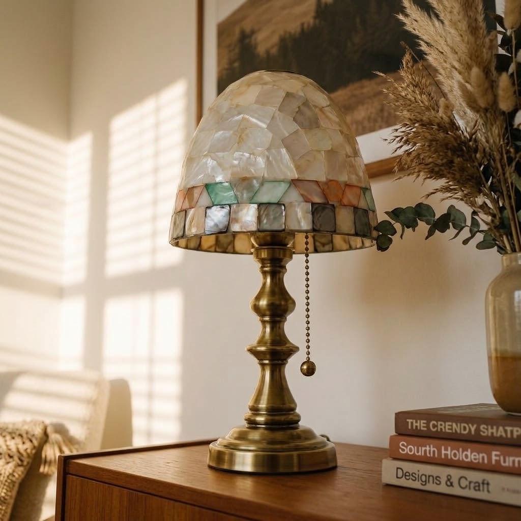 Small Shell Mosaic Table Lamp, bronze-gold base, photo 7