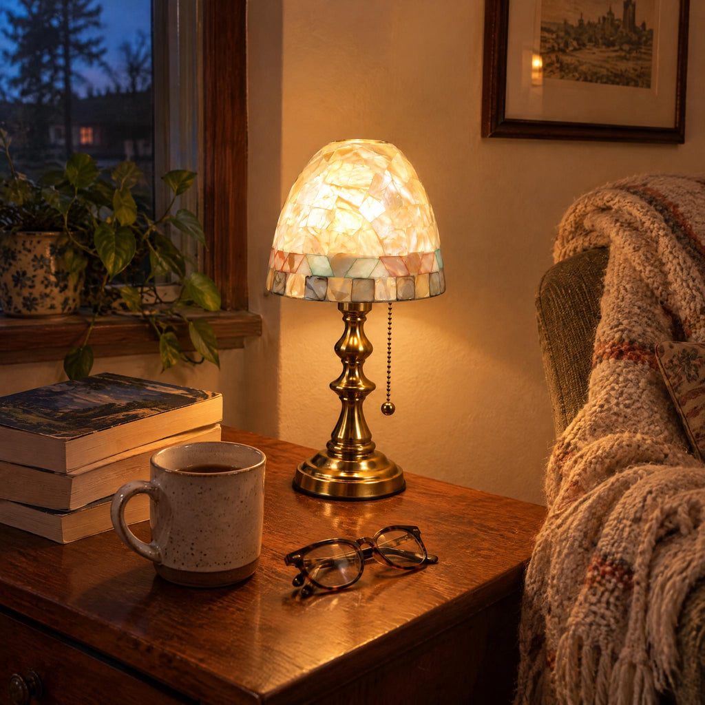 Small Shell Mosaic Table Lamp, bronze-gold base, photo 9
