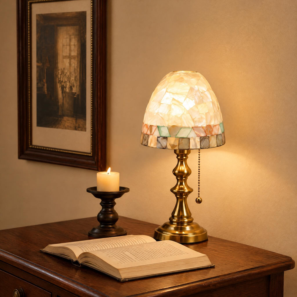 Small Shell Mosaic Table Lamp, bronze-gold base, photo 5