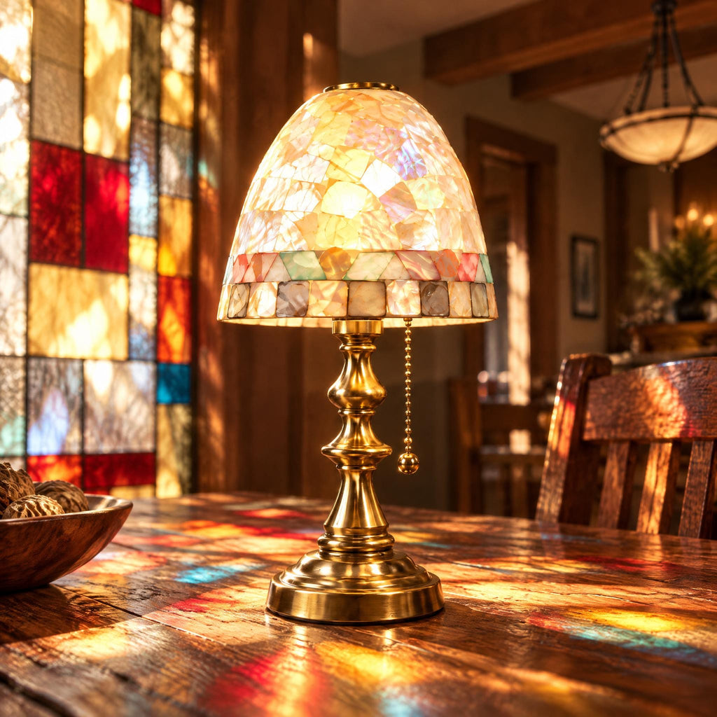 Small Shell Mosaic Table Lamp, bronze-gold base, photo 4
