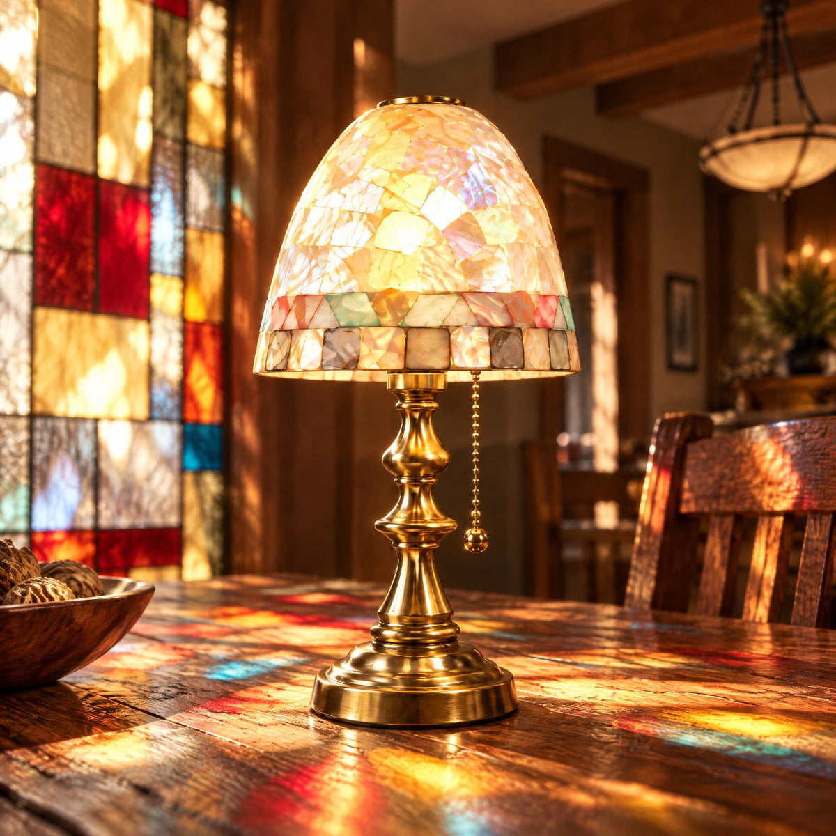 Small Shell Mosaic Table Lamp, bronze-gold base, photo 4