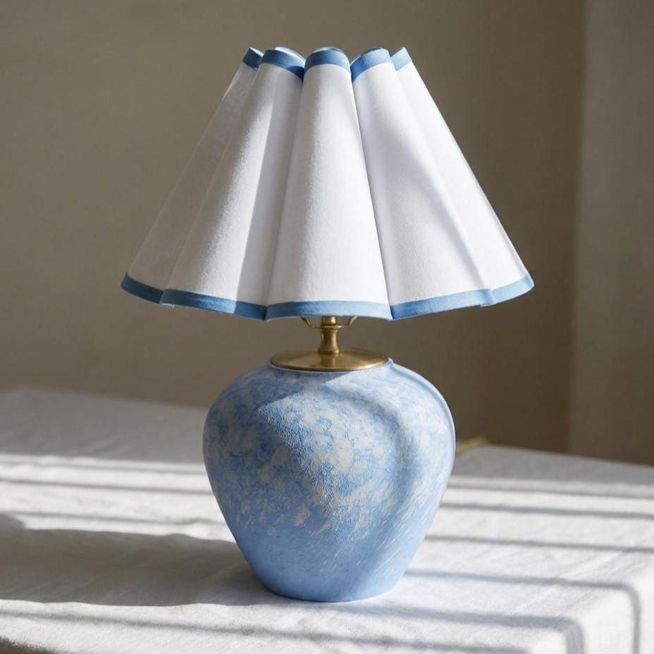 Original Design Blue Ceramic Table Lamp with scalloped pleated shade, photo 5